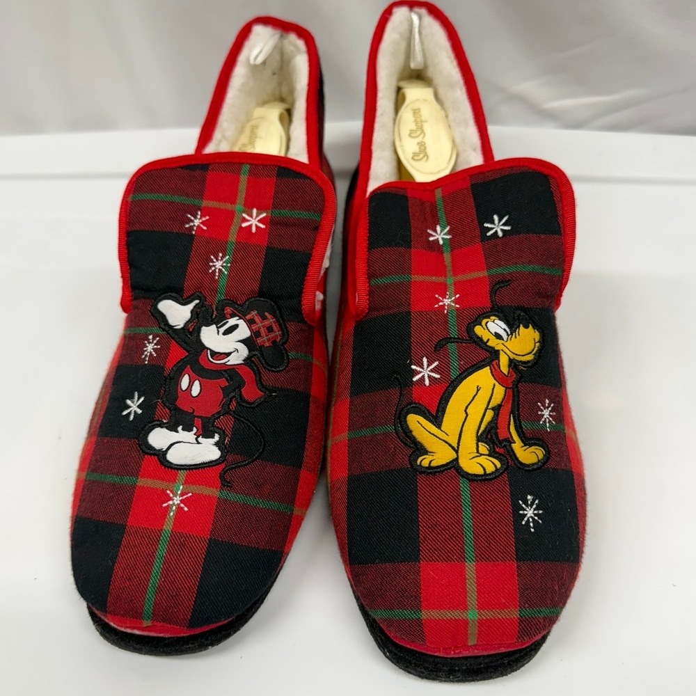 Disney Store NWOT Holiday Mickey Mouse & Pluto Plaid Adult Slippers 9/10M 11/12L